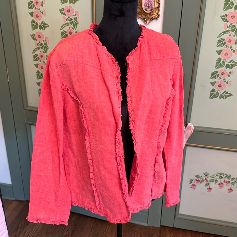 CHICO'S 100% LINEN, RUFFLE DETAIL, CLASP-FRONT, LIGHTWEIGHT JACKET SIZE 2